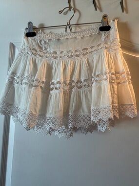 Charo Ruiz Cream Crochet Lace Tiered Skater Mini Skirt